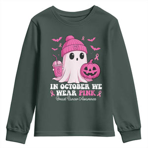 In October We Wear Pink Ghost Youth Sweatshirt Halloween Breast Cancer Pink Ribbon Pumpkin TS10 Dark Forest Green Print Your Wear