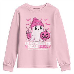 In October We Wear Pink Ghost Youth Sweatshirt Halloween Breast Cancer Pink Ribbon Pumpkin TS10 Light Pink Print Your Wear