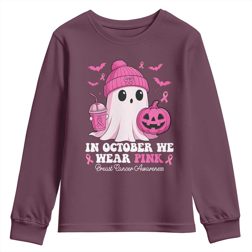 In October We Wear Pink Ghost Youth Sweatshirt Halloween Breast Cancer Pink Ribbon Pumpkin TS10 Maroon Print Your Wear