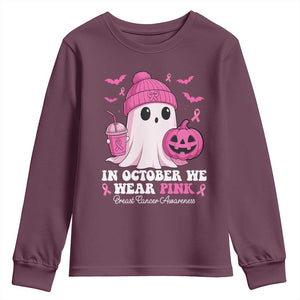 In October We Wear Pink Ghost Youth Sweatshirt Halloween Breast Cancer Pink Ribbon Pumpkin TS10 Maroon Print Your Wear