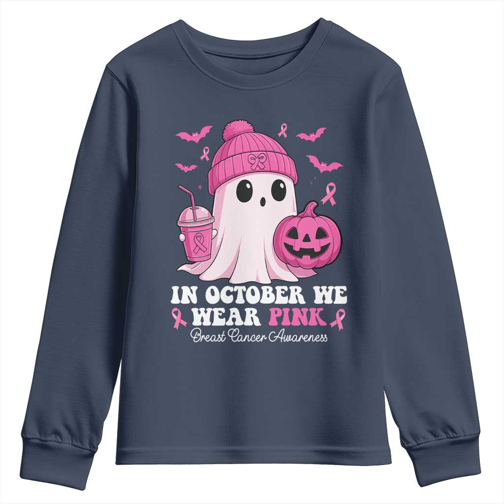In October We Wear Pink Ghost Youth Sweatshirt Halloween Breast Cancer Pink Ribbon Pumpkin TS10 Navy Print Your Wear