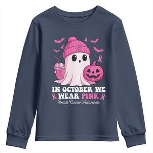 In October We Wear Pink Ghost Youth Sweatshirt Halloween Breast Cancer Pink Ribbon Pumpkin TS10 Navy Print Your Wear