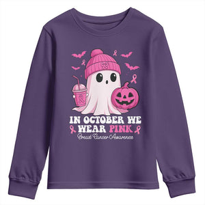 In October We Wear Pink Ghost Youth Sweatshirt Halloween Breast Cancer Pink Ribbon Pumpkin TS10 Purple Print Your Wear