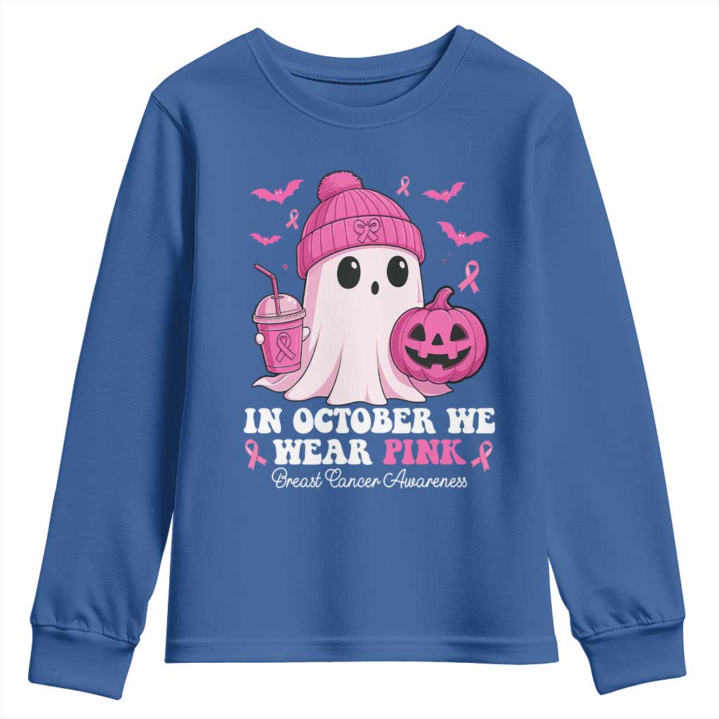 In October We Wear Pink Ghost Youth Sweatshirt Halloween Breast Cancer Pink Ribbon Pumpkin TS10 Royal Blue Print Your Wear