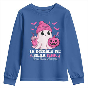 In October We Wear Pink Ghost Youth Sweatshirt Halloween Breast Cancer Pink Ribbon Pumpkin TS10 Royal Blue Print Your Wear