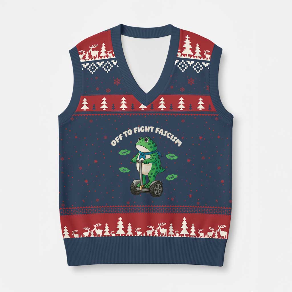 Portland Frog V-Neck Knit Sweater Vest Off to Fight Fascism Inflatable Costume Protest TS10 Navy Red Print Your Wear
