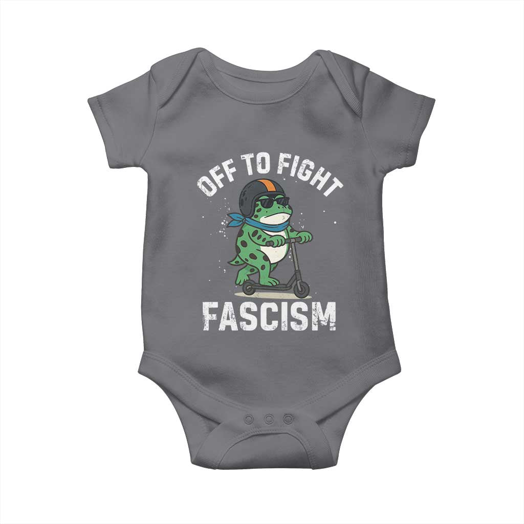 Portland Frog Resist Protest Baby Onesie Off to Fight Fascism Frog Scooter TS10 Charcoal Print Your Wear