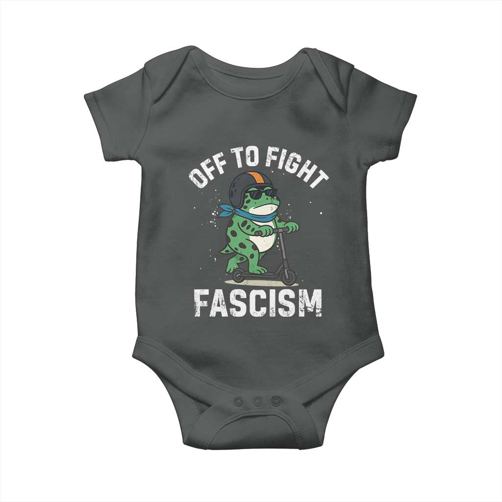 Portland Frog Resist Protest Baby Onesie Off to Fight Fascism Frog Scooter TS10 Dark Heather Print Your Wear