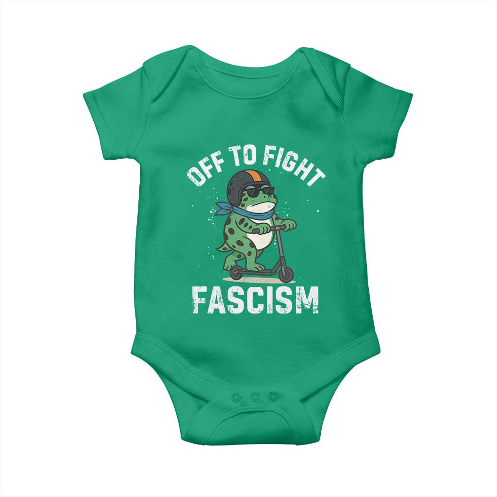 Portland Frog Resist Protest Baby Onesie Off to Fight Fascism Frog Scooter TS10 Irish Green Print Your Wear
