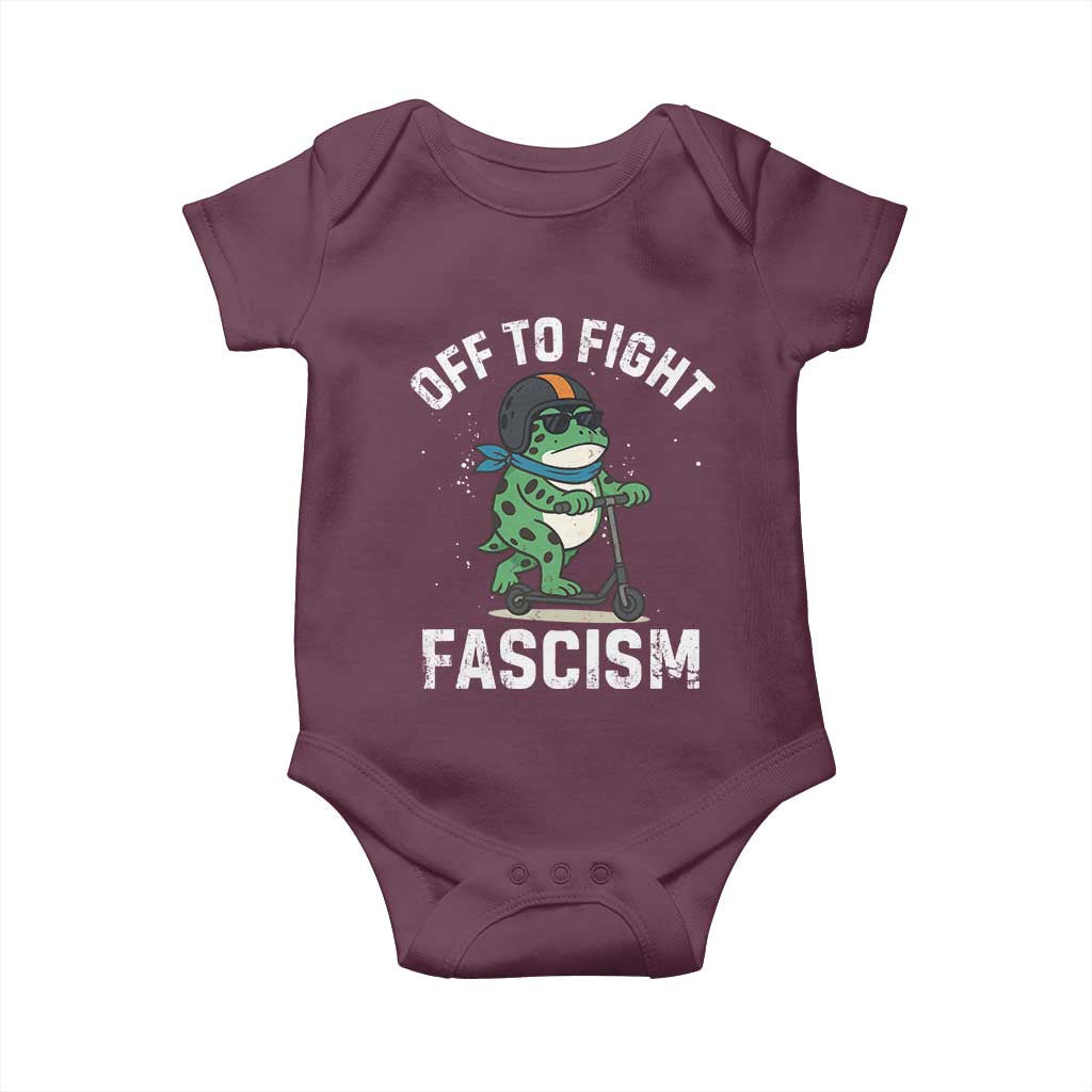 Portland Frog Resist Protest Baby Onesie Off to Fight Fascism Frog Scooter TS10 Maroon Print Your Wear