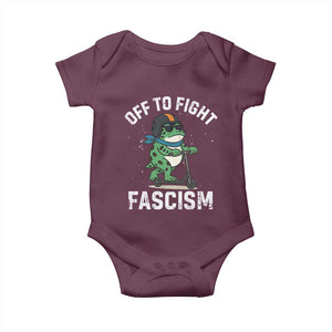 Portland Frog Resist Protest Baby Onesie Off to Fight Fascism Frog Scooter TS10 Maroon Print Your Wear