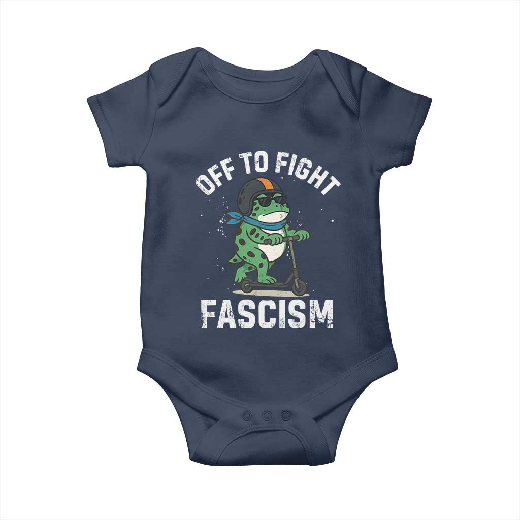 Portland Frog Resist Protest Baby Onesie Off to Fight Fascism Frog Scooter TS10 Navy Print Your Wear
