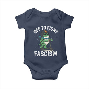 Portland Frog Resist Protest Baby Onesie Off to Fight Fascism Frog Scooter TS10 Navy Print Your Wear