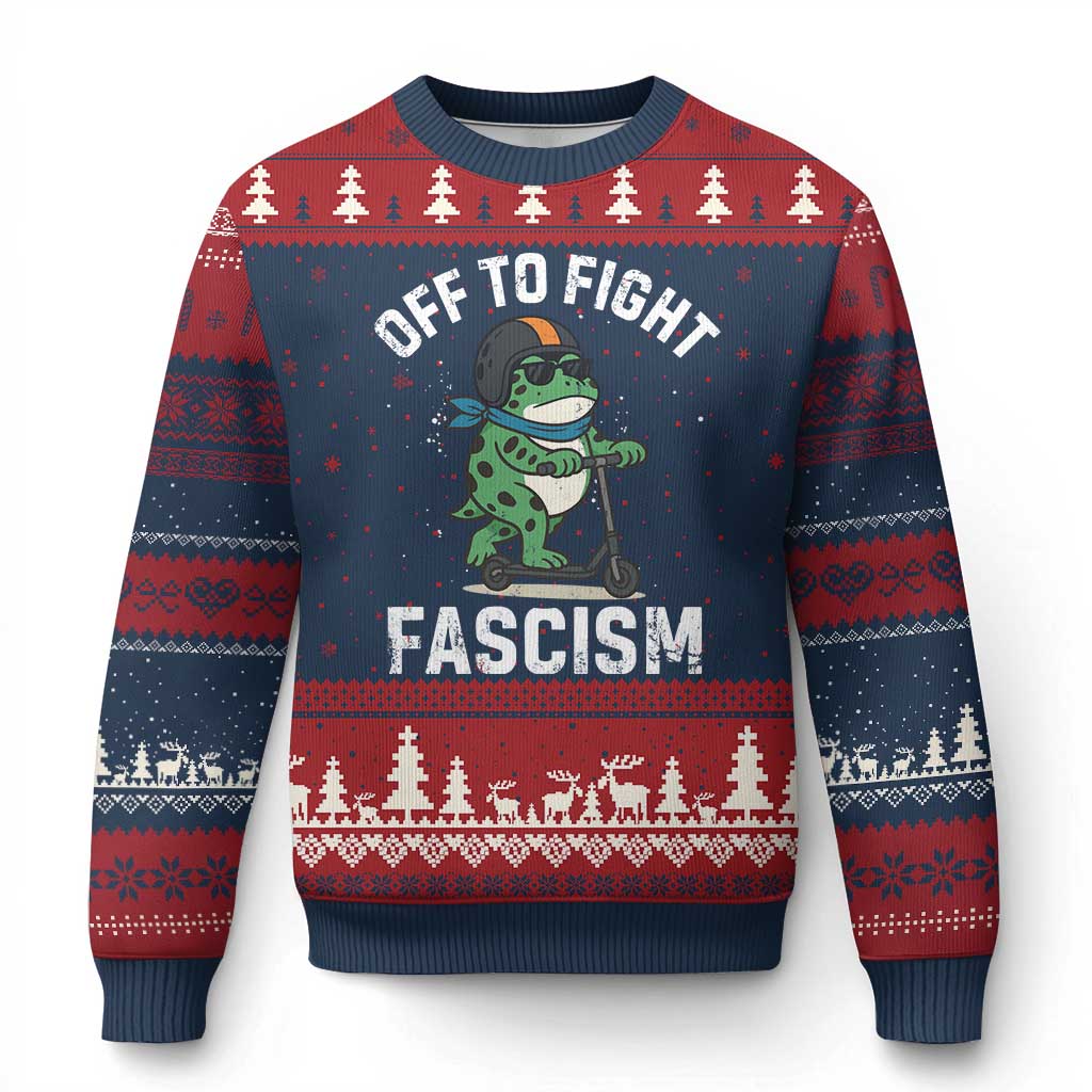 Portland Frog Resist Protest Ugly Christmas Sweater Off to Fight Fascism Frog Scooter - Print Your Wear