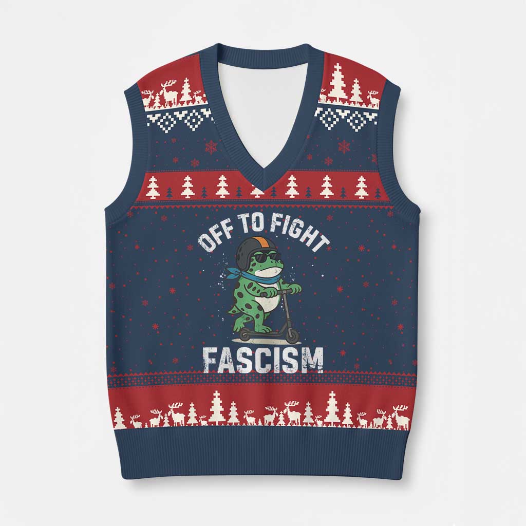 Portland Frog Resist Protest V-Neck Knit Sweater Vest Off to Fight Fascism Frog Scooter - Print Your Wear