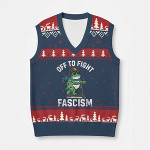 Portland Frog Resist Protest V-Neck Knit Sweater Vest Off to Fight Fascism Frog Scooter - Print Your Wear