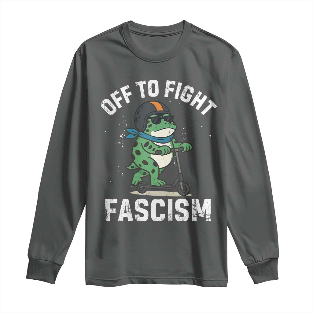 Portland Frog Resist Protest Long Sleeve Shirt Off to Fight Fascism Frog Scooter TS10 Dark Heather Print Your Wear