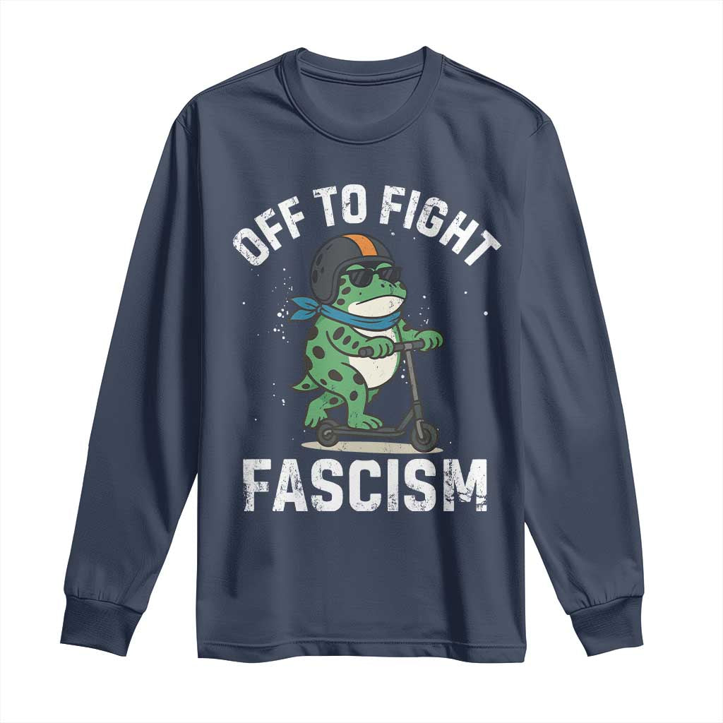 Portland Frog Resist Protest Long Sleeve Shirt Off to Fight Fascism Frog Scooter TS10 Navy Print Your Wear
