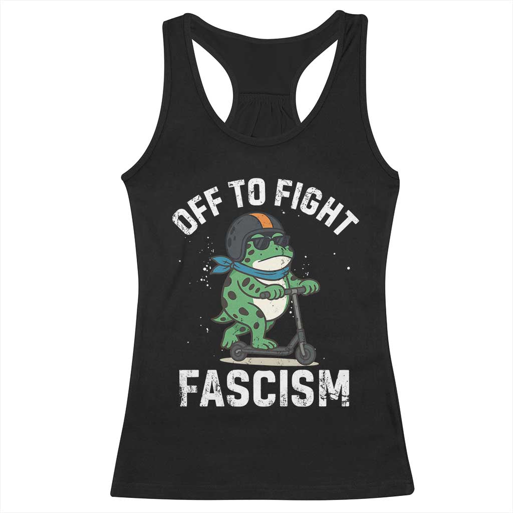 Portland Frog Resist Protest Racerback Tank Top Off to Fight Fascism Frog Scooter - Print Your Wear
