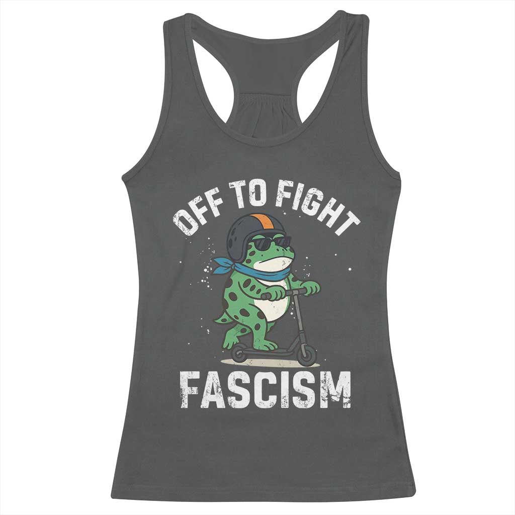 Portland Frog Resist Protest Racerback Tank Top Off to Fight Fascism Frog Scooter TS10 Dark Heather Print Your Wear
