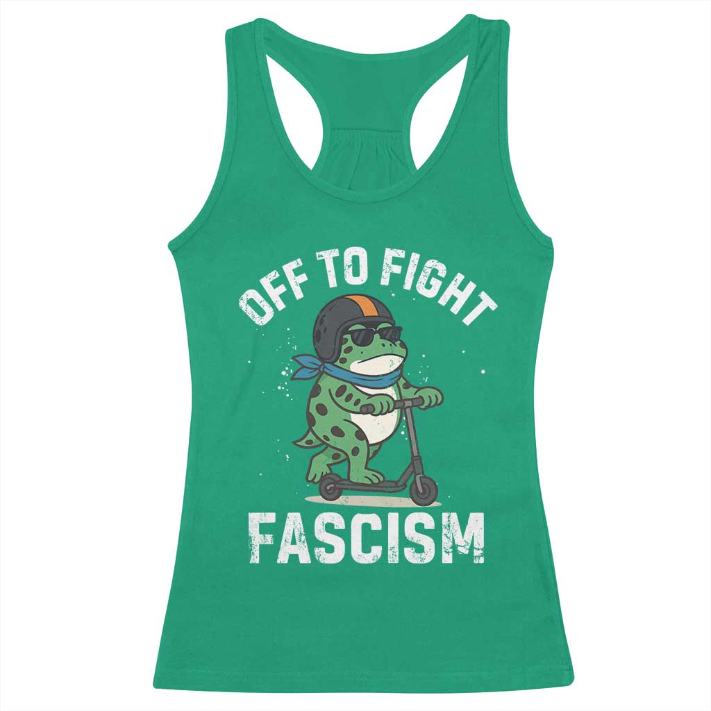 Portland Frog Resist Protest Racerback Tank Top Off to Fight Fascism Frog Scooter TS10 Irish Green Print Your Wear