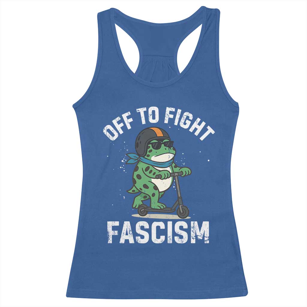 Portland Frog Resist Protest Racerback Tank Top Off to Fight Fascism Frog Scooter TS10 Royal Blue Print Your Wear