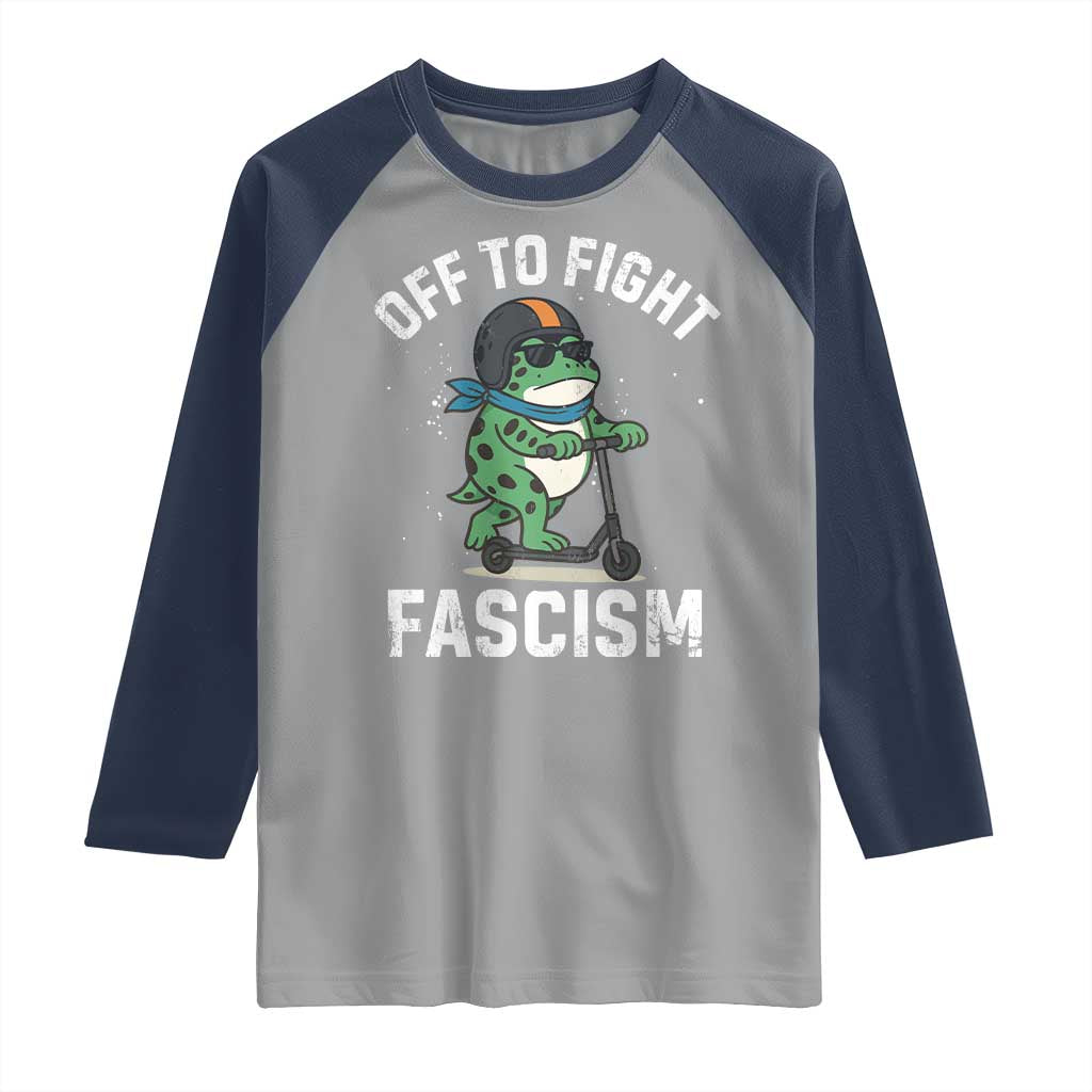 Portland Frog Resist Protest Raglan Shirt Off to Fight Fascism Frog Scooter TS10 Sport Gray Navy Print Your Wear