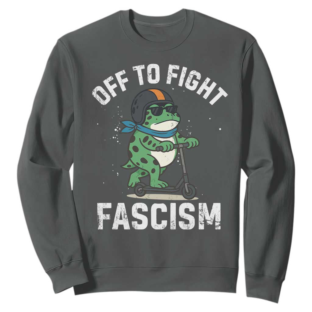Portland Frog Resist Protest Sweatshirt Off to Fight Fascism Frog Scooter TS10 Dark Heather Print Your Wear