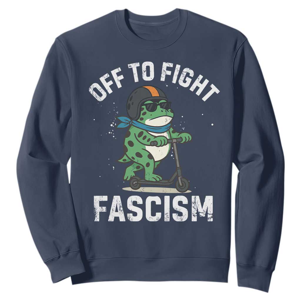 Portland Frog Resist Protest Sweatshirt Off to Fight Fascism Frog Scooter TS10 Navy Print Your Wear