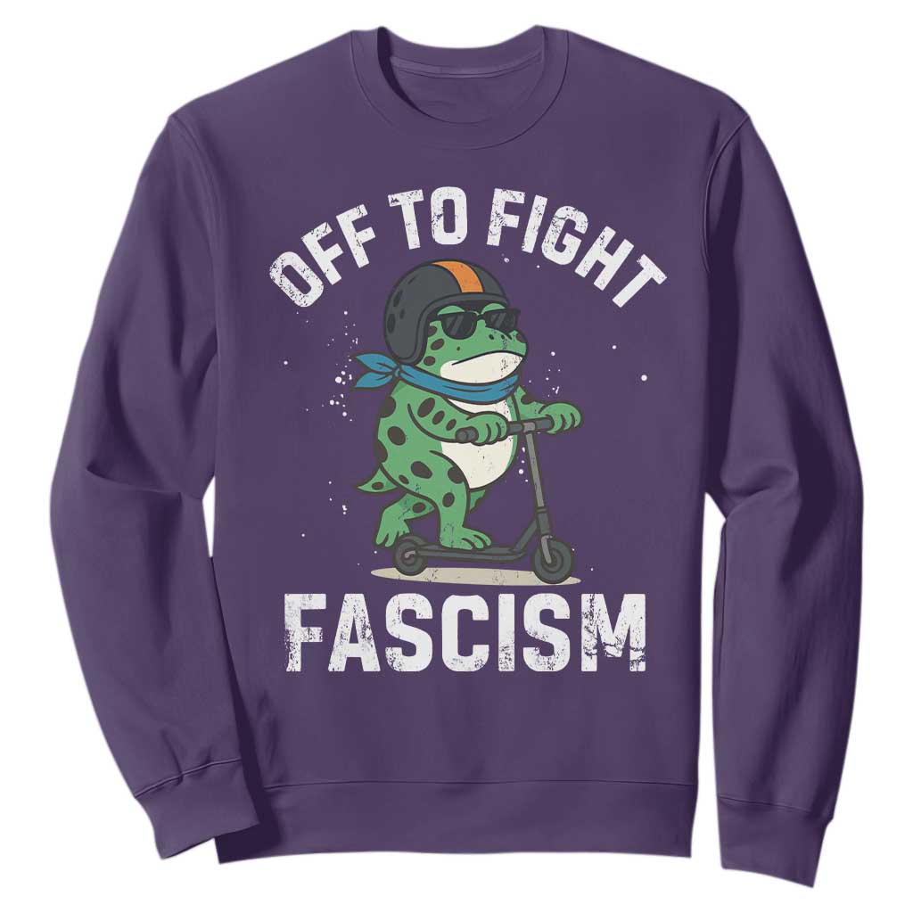 Portland Frog Resist Protest Sweatshirt Off to Fight Fascism Frog Scooter TS10 Purple Print Your Wear