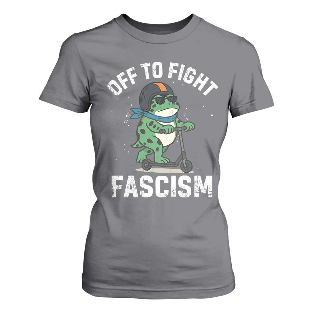 Portland Frog Resist Protest T Shirt For Women Off to Fight Fascism Frog Scooter TS10 Charcoal Print Your Wear