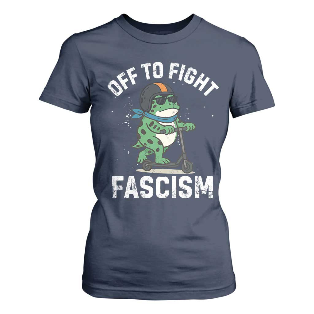 Portland Frog Resist Protest T Shirt For Women Off to Fight Fascism Frog Scooter TS10 Navy Print Your Wear