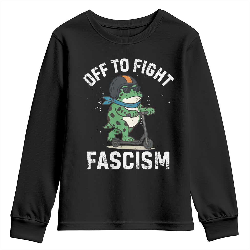 Portland Frog Resist Protest Youth Sweatshirt Off to Fight Fascism Frog Scooter - Print Your Wear