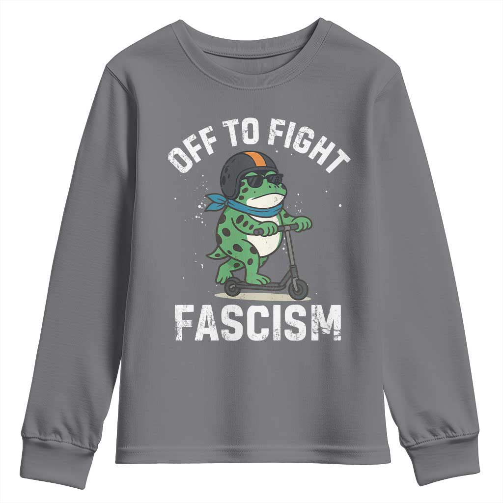 Portland Frog Resist Protest Youth Sweatshirt Off to Fight Fascism Frog Scooter TS10 Charcoal Print Your Wear