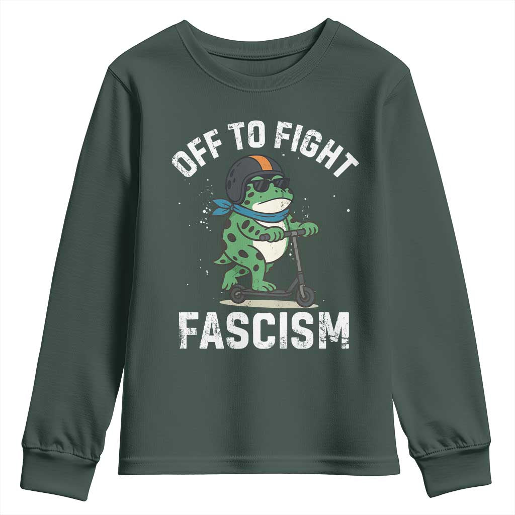 Portland Frog Resist Protest Youth Sweatshirt Off to Fight Fascism Frog Scooter TS10 Dark Forest Green Print Your Wear