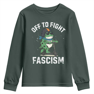 Portland Frog Resist Protest Youth Sweatshirt Off to Fight Fascism Frog Scooter TS10 Dark Forest Green Print Your Wear