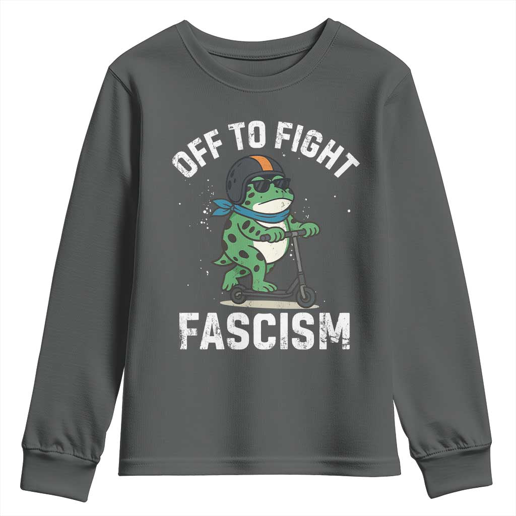 Portland Frog Resist Protest Youth Sweatshirt Off to Fight Fascism Frog Scooter TS10 Dark Heather Print Your Wear