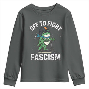 Portland Frog Resist Protest Youth Sweatshirt Off to Fight Fascism Frog Scooter TS10 Dark Heather Print Your Wear