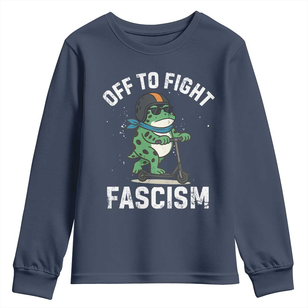 Portland Frog Resist Protest Youth Sweatshirt Off to Fight Fascism Frog Scooter TS10 Navy Print Your Wear
