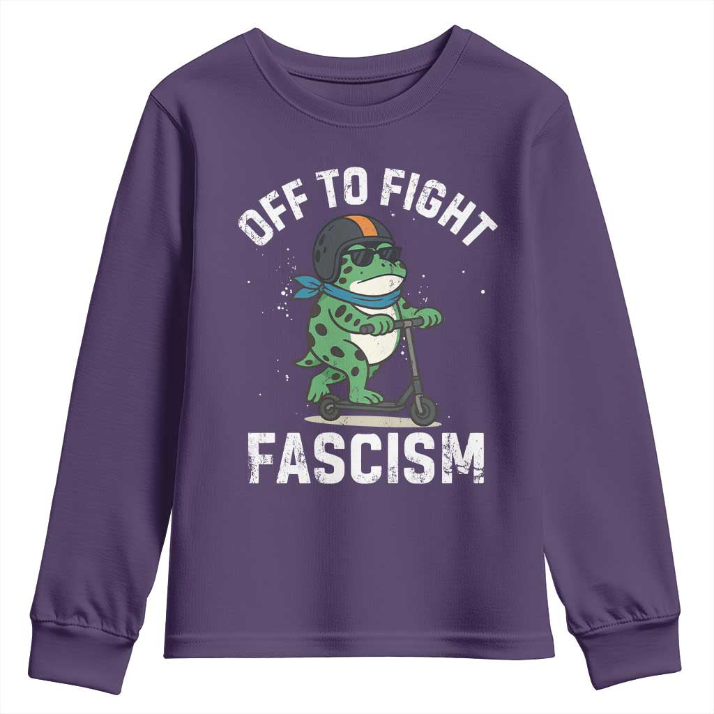 Portland Frog Resist Protest Youth Sweatshirt Off to Fight Fascism Frog Scooter TS10 Purple Print Your Wear