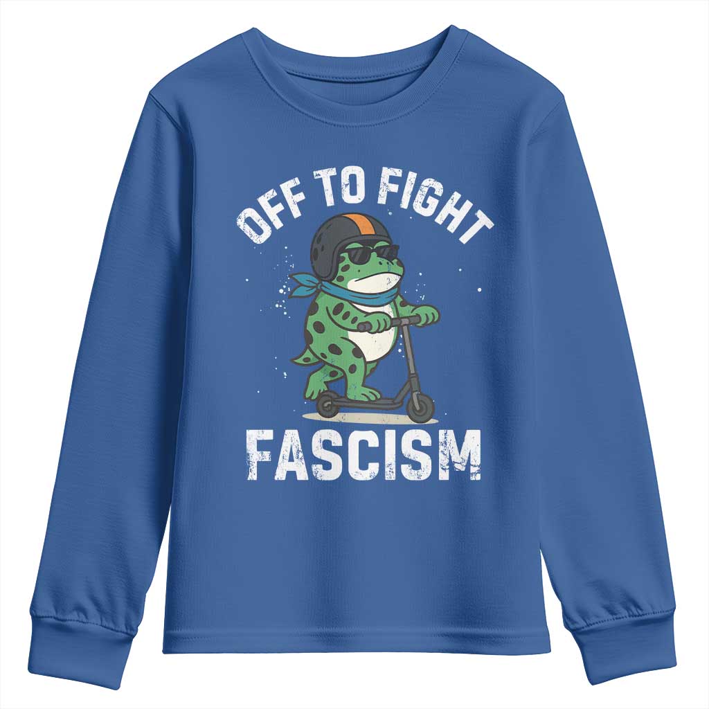 Portland Frog Resist Protest Youth Sweatshirt Off to Fight Fascism Frog Scooter TS10 Royal Blue Print Your Wear