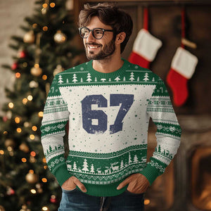 Number 67 Ugly Christmas Sweater Numbered Uniform Sports Jersey Team 67th Birthday TS10 Beige Green Print Your Wear