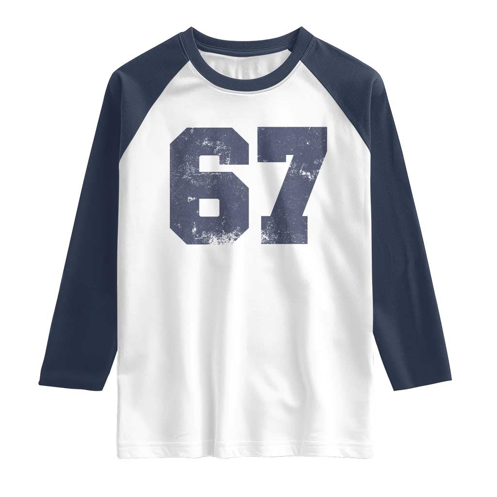 Number 67 Raglan Shirt Numbered Uniform Sports Jersey Team 67th Birthday TS10 White Navy Print Your Wear