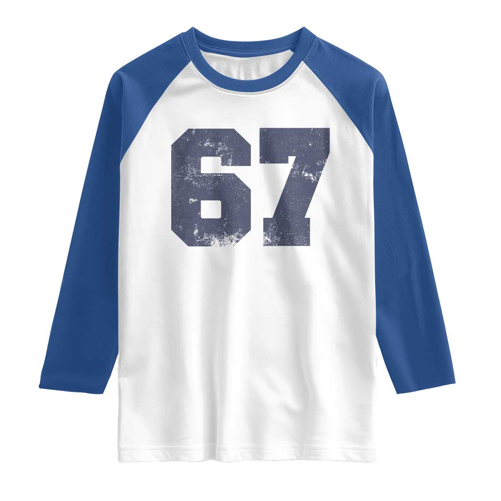 Number 67 Raglan Shirt Numbered Uniform Sports Jersey Team 67th Birthday TS10 White Royal Print Your Wear