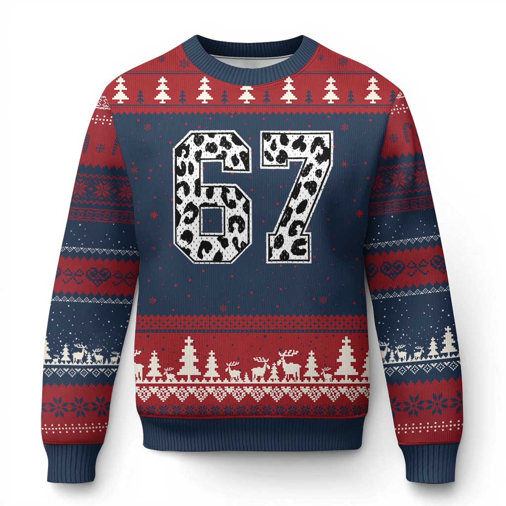 67 Jersey Number Ugly Christmas Sweater Funny Six Seven Meme Y2k Leopard Number TS10 Navy Red Print Your Wear