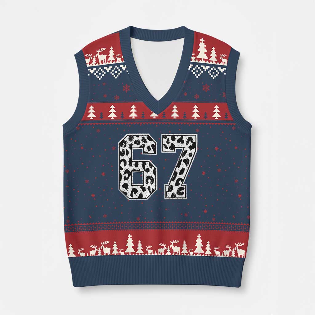 67 Jersey Number V-Neck Knit Sweater Vest Funny Six Seven Meme Y2k Leopard Number TS10 Navy Red Print Your Wear