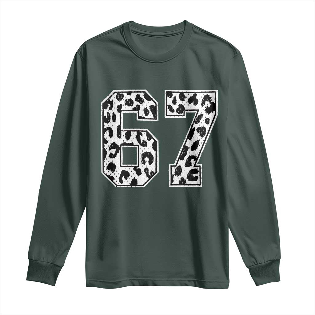 67 Jersey Number Long Sleeve Shirt Funny Six Seven Meme Y2k Leopard Number TS10 Dark Forest Green Print Your Wear