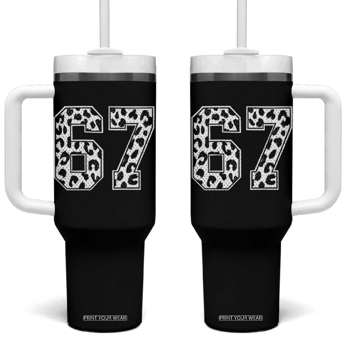 67 Jersey Number Tumbler With Handle Funny Six Seven Meme Y2k Leopard Number TS10 One Size: 40 oz Black Print Your Wear
