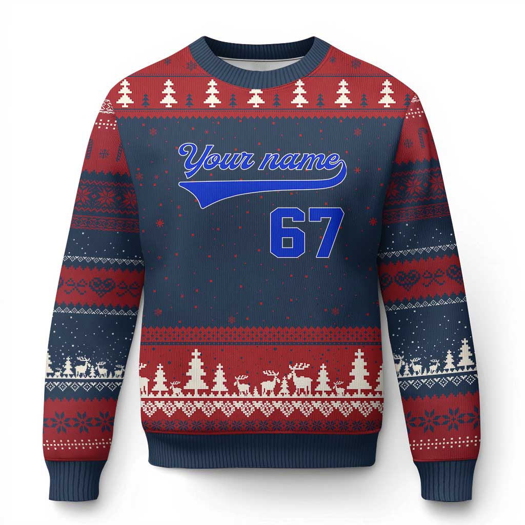 Personalized 67 Jersey Number Ugly Christmas Sweater Custom Name Numbered Uniform Sports Team 67th Birthday TS10 Navy Red Print Your Wear