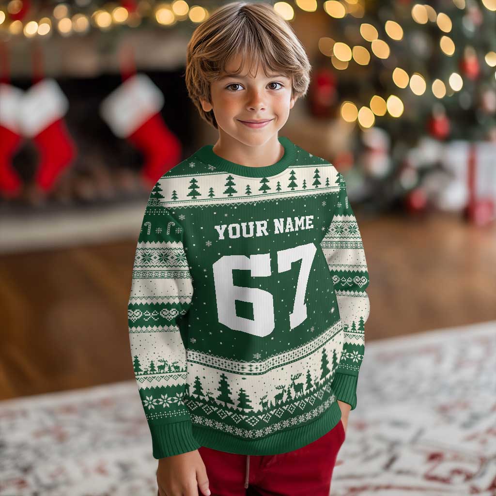 Personalized 67 Jersey Number Ugly Christmas Sweater Custom Name Varsity Sports 67th Birthday TS10 Forest Green Beige Print Your Wear